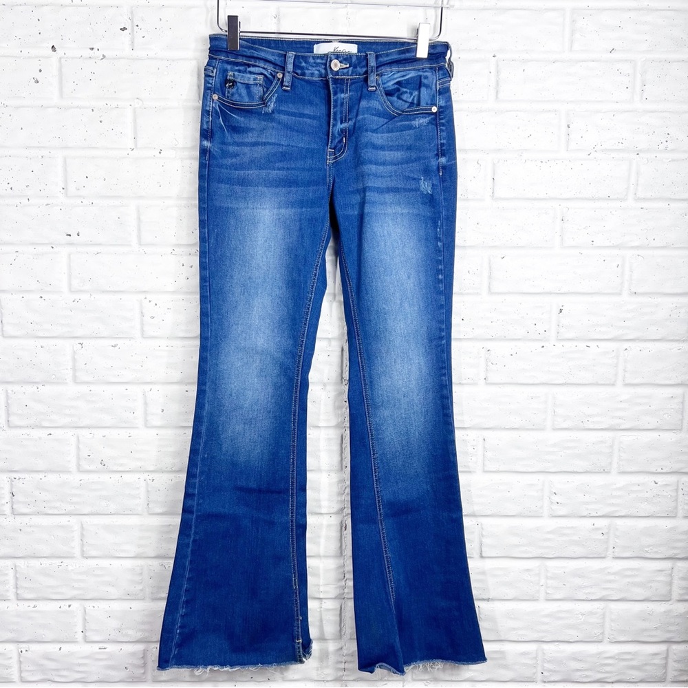 KANCAN Mid Rise Distressed Flare Stretch Jeans Raw Hem